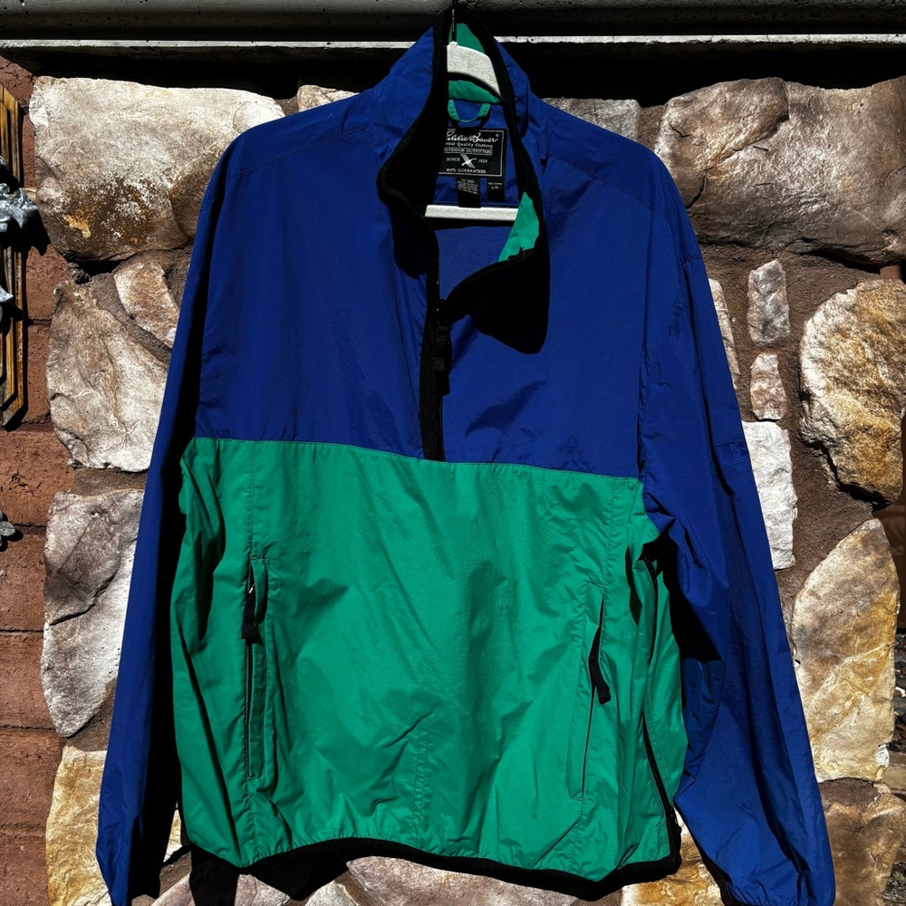 Vintage Eddie Bauer Jacket Men Large Blue Green Colorblock 1/4 Zip Windbreaker